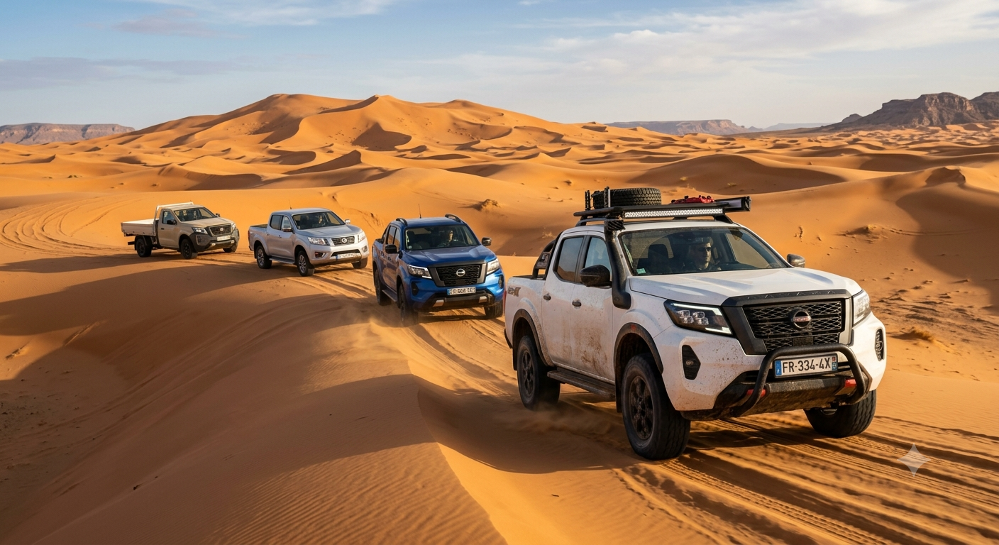 Gamme de pick-ups Nissan Navara distribués par Mauri Motors Group dans le désert mauritanien